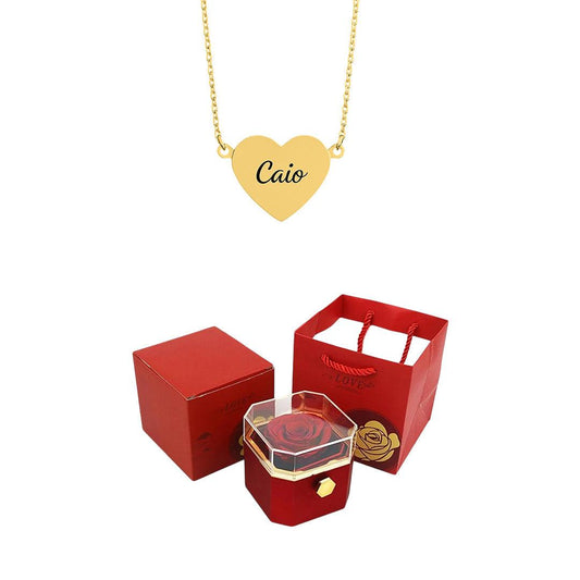 Caja giratoria y collar de corazón grabado con nombres 💝