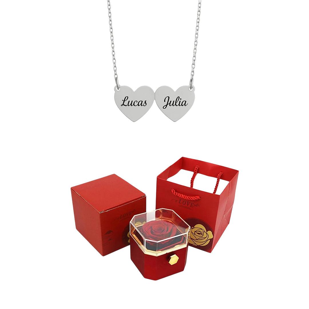 Caja giratoria y collar de corazón grabado con nombres 💝