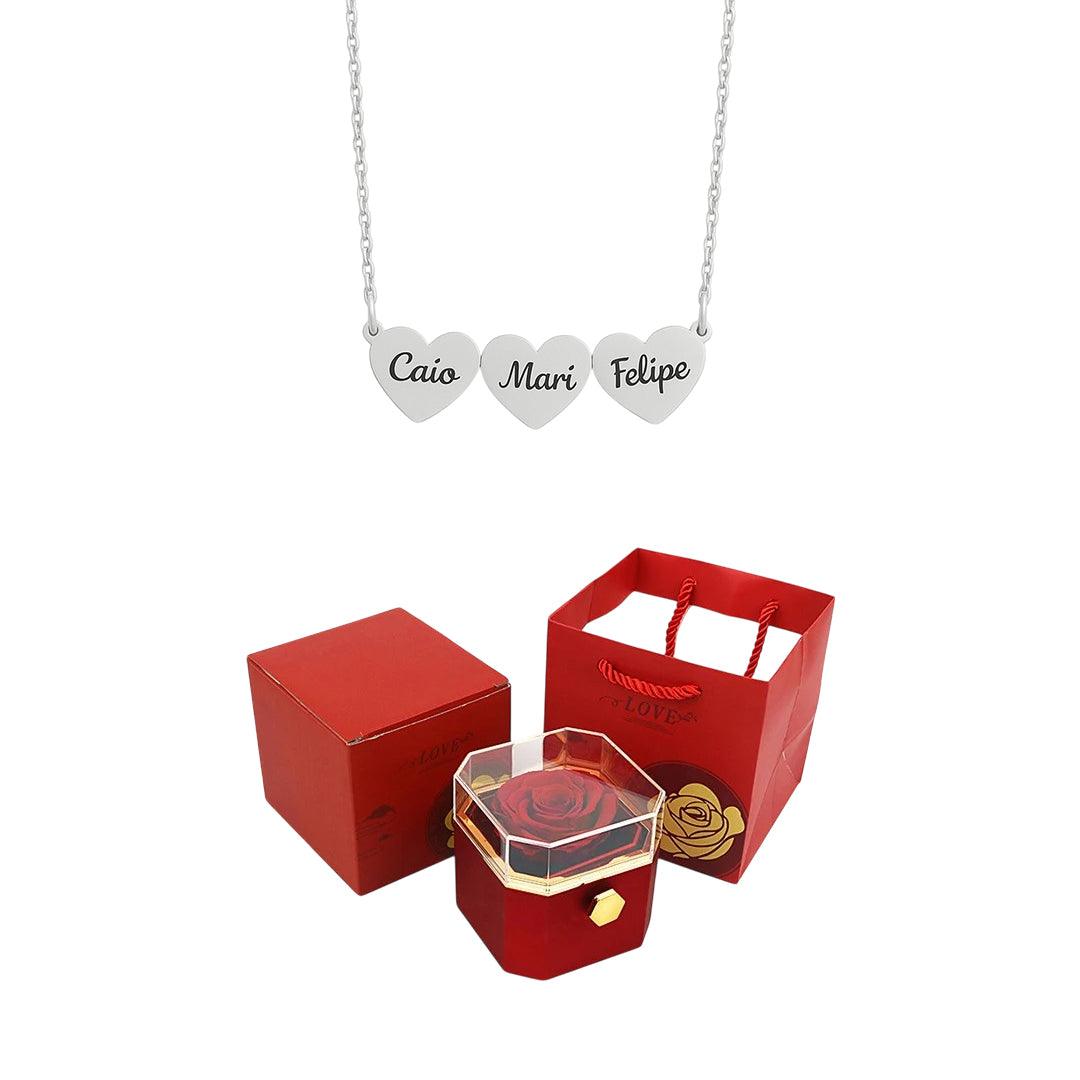 Caja giratoria y collar de corazón grabado con nombres 💝