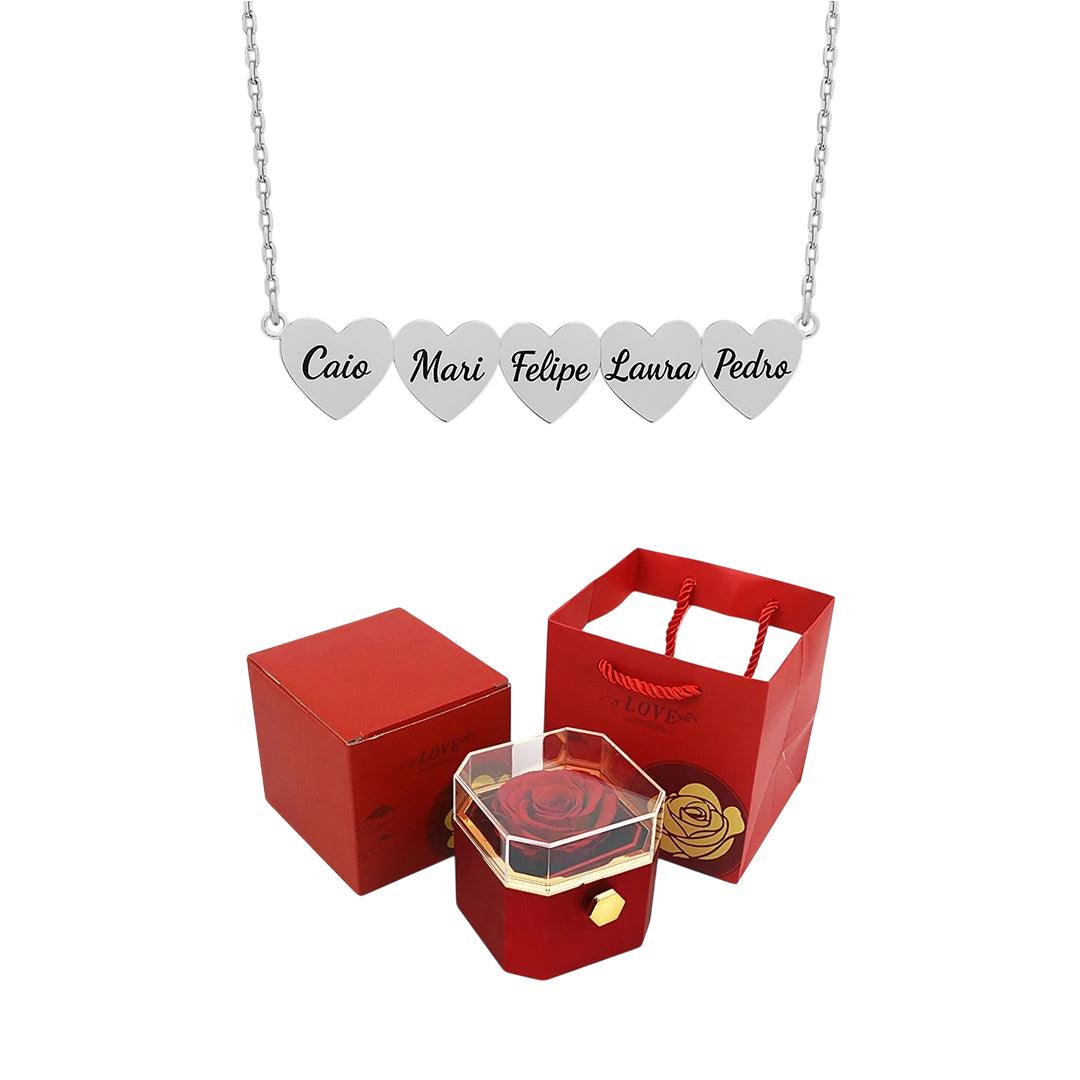 Caja giratoria y collar de corazón grabado con nombres 💝