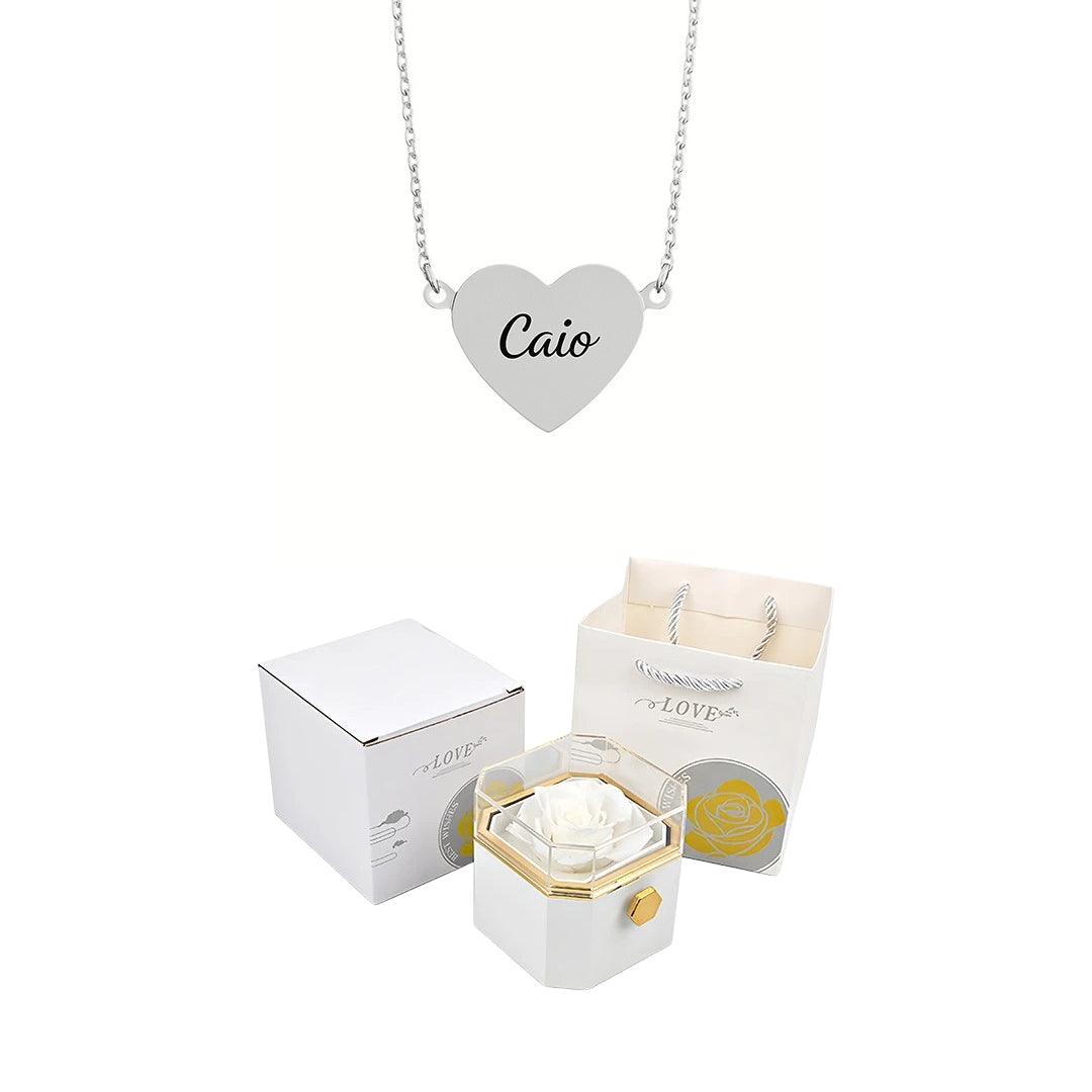 Caja giratoria y collar de corazón grabado con nombres 💝
