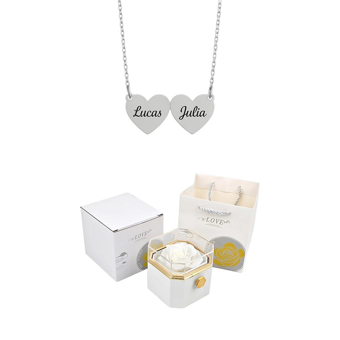 Caja giratoria y collar de corazón grabado con nombres 💝