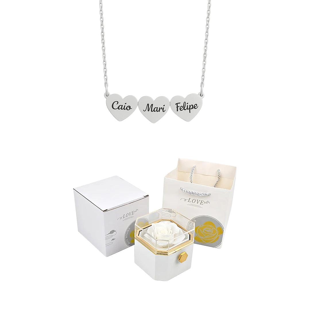 Caja giratoria y collar de corazón grabado con nombres 💝