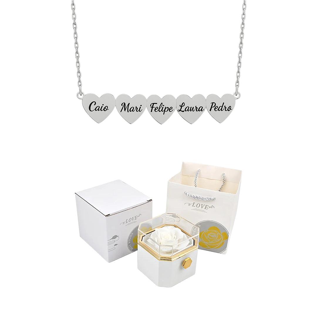 Caja giratoria y collar de corazón grabado con nombres 💝