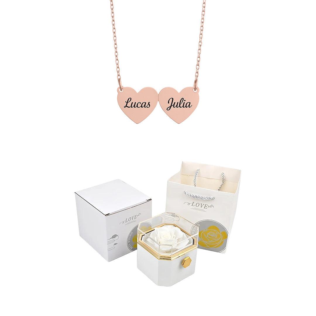 Caja giratoria y collar de corazón grabado con nombres 💝