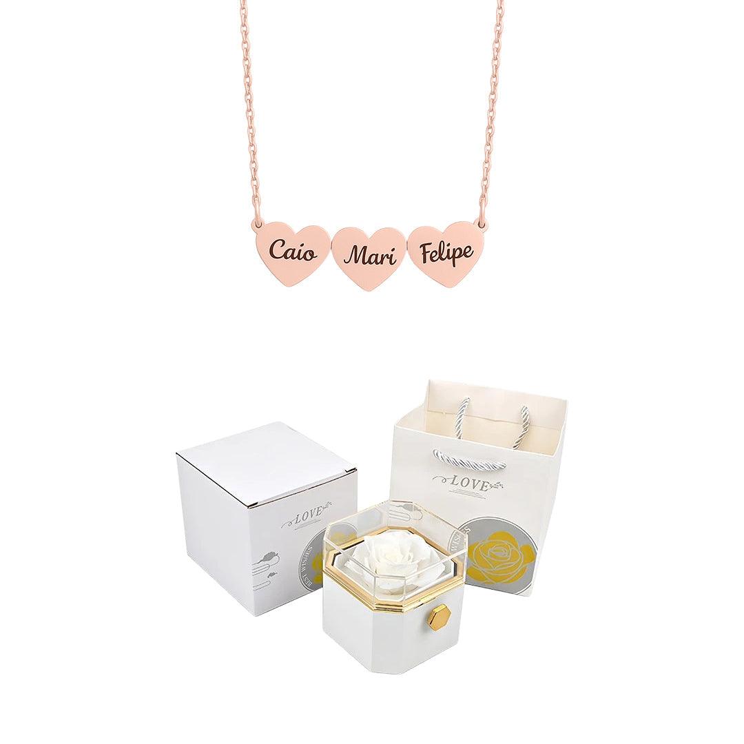 Caja giratoria y collar de corazón grabado con nombres 💝