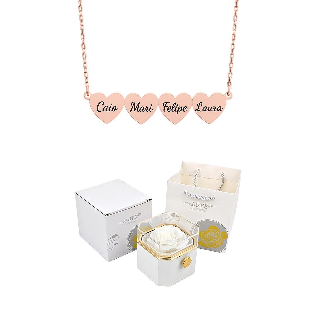Caja giratoria y collar de corazón grabado con nombres 💝