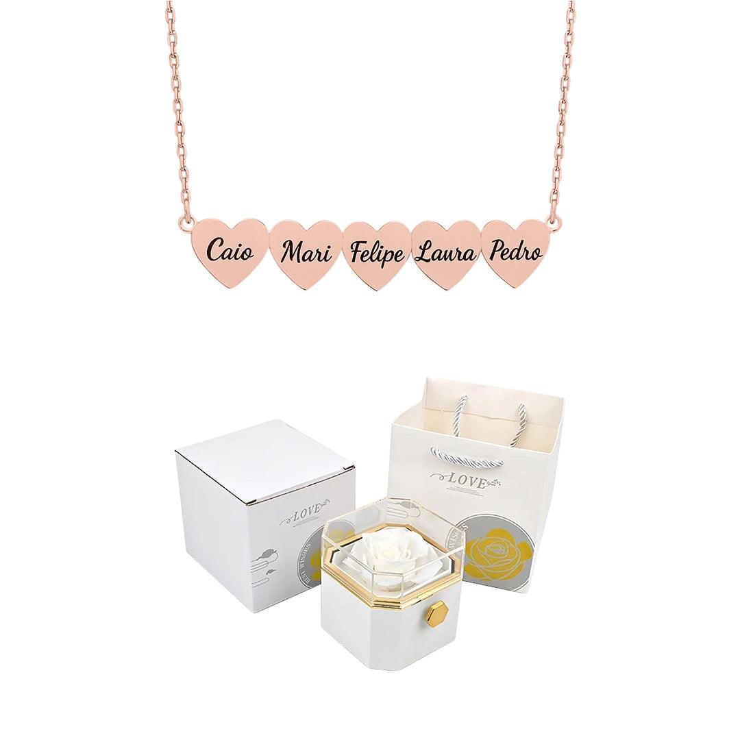 Caja giratoria y collar de corazón grabado con nombres 💝